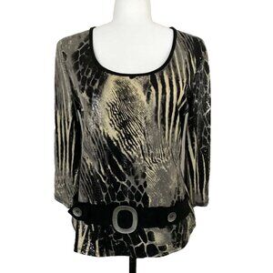 FRANK LYMAN Design Top Size 10 Shiny Animal Print 3/4 Sleeve Belt Buckle Detail